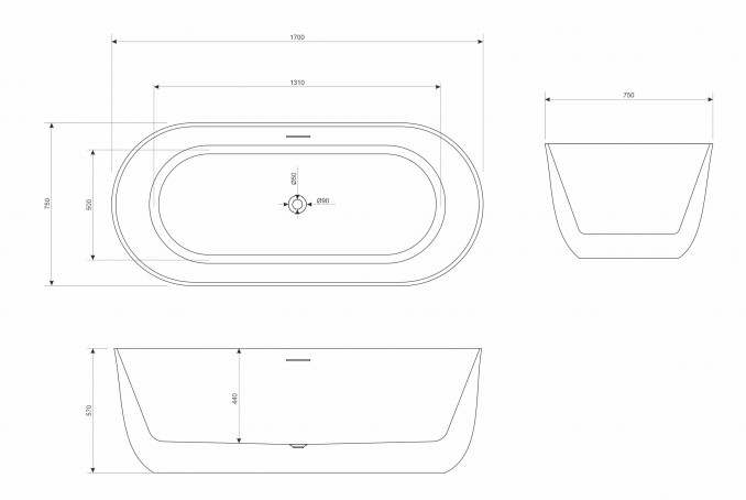 Kada samostojeća COPEN JUDY 1700x750x570mm mat crna/mat bela
