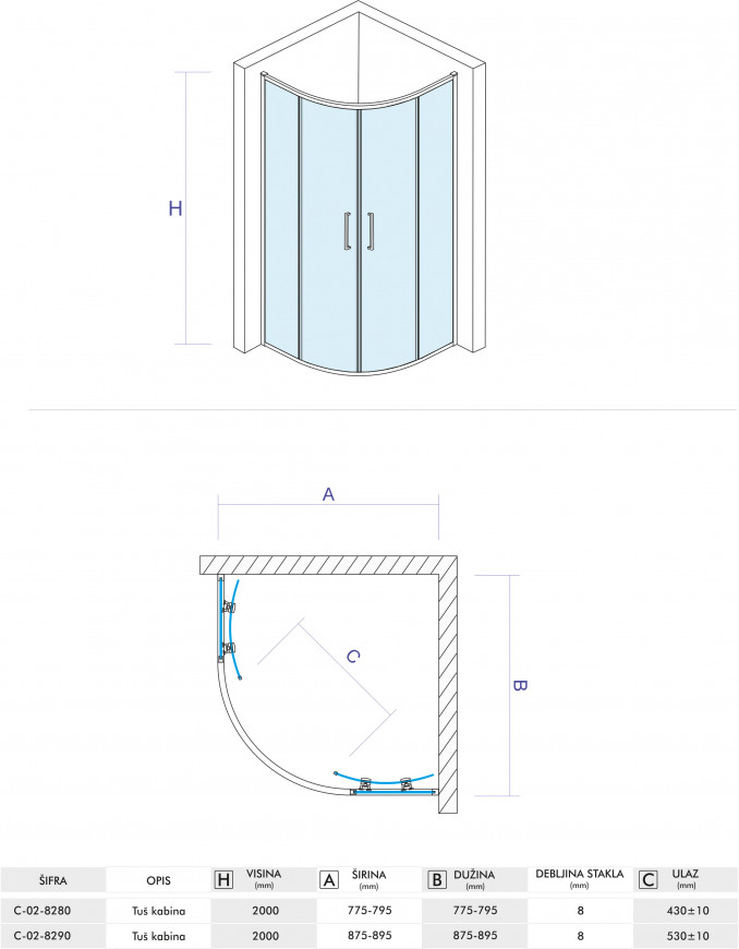 Tuš kabina COPEN STAR R80x200cm staklo 8mm providno